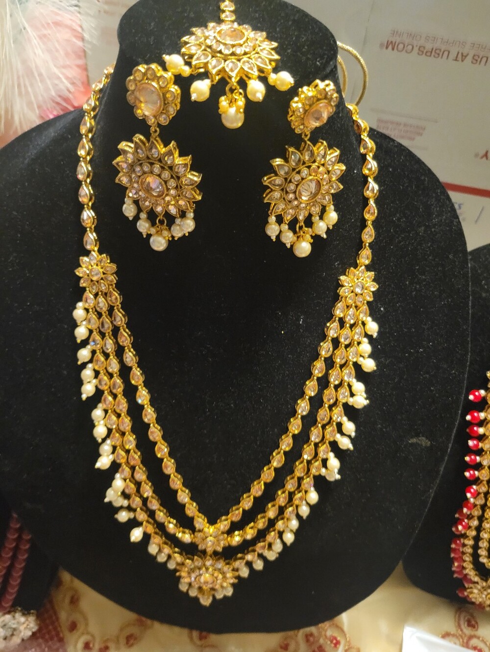 Gold Pearl Multi-Strand Bridal Necklace Set - Women Jewelry